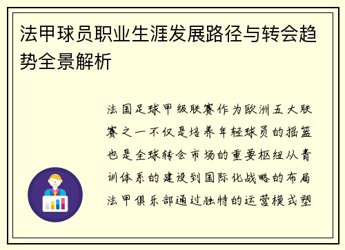 法甲球员职业生涯发展路径与转会趋势全景解析