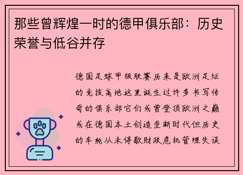 那些曾辉煌一时的德甲俱乐部：历史荣誉与低谷并存